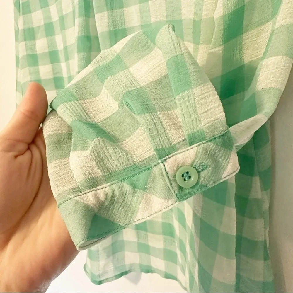 FREE PEOPLE Semi Sheer Gingham Blouse Button Up Top Green White High Low Small
